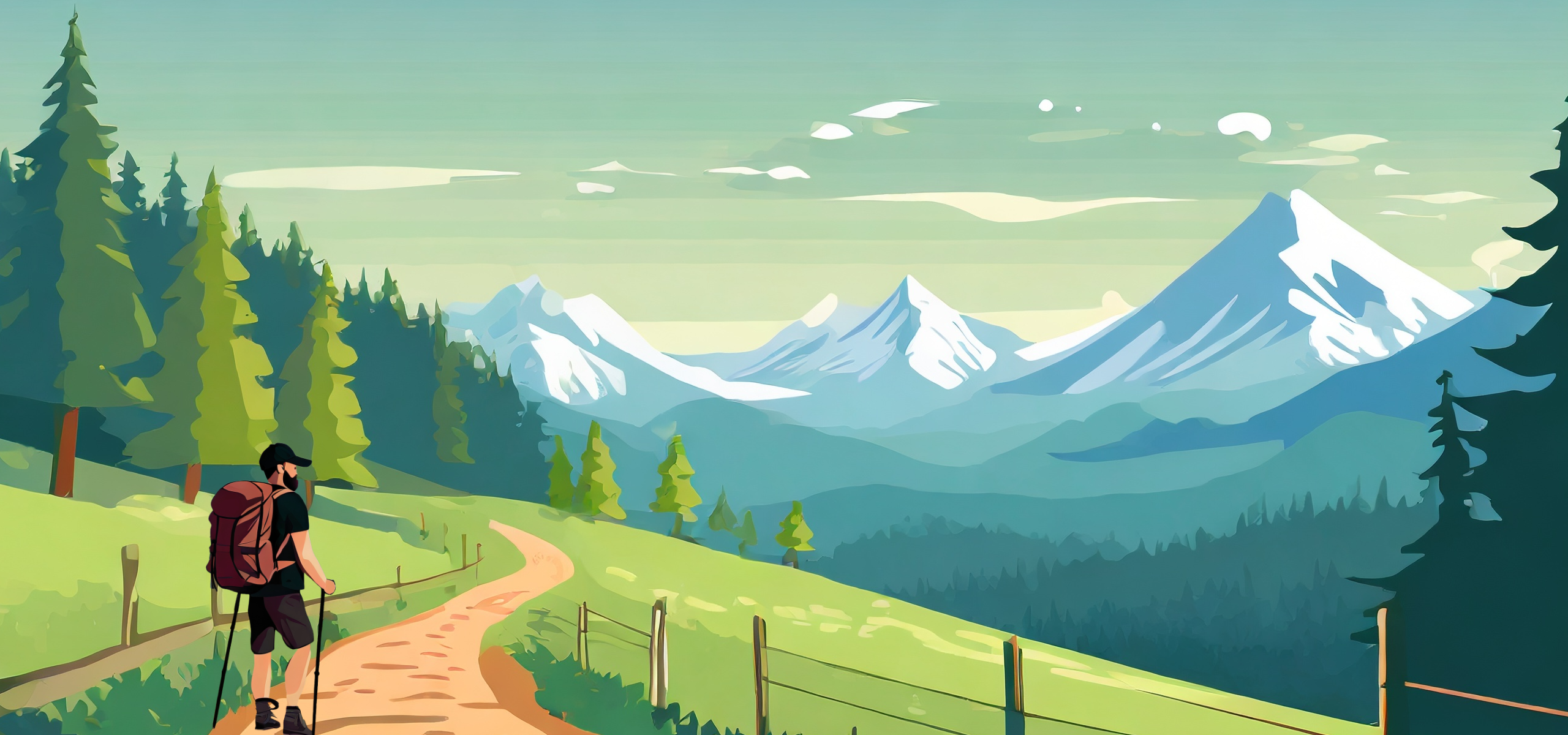 Illustrated hiker with backpack looking out over a mountain valley